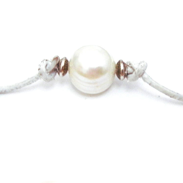 White Pearl on White Leather Bracelet